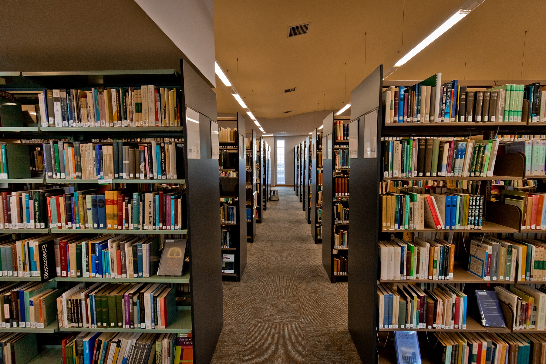 Looking down through the shelves of the Mannix Library